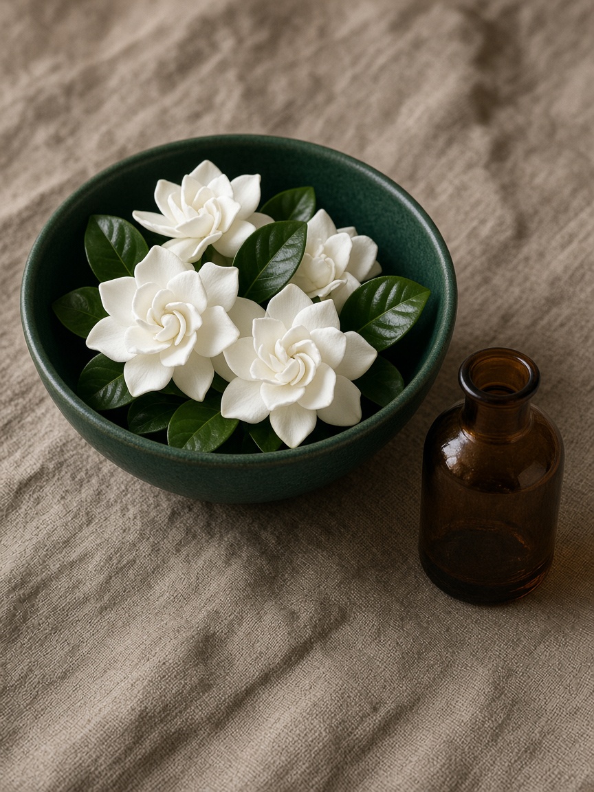 White gardenias in a deep green bowl beside a brown bottle, on taupe linen