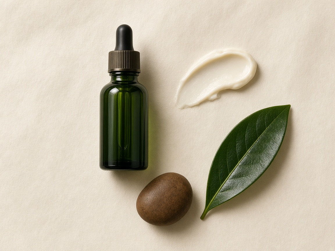 A green glass dropper bottle, a smear of cream, a brown stone, and a dark green leaf